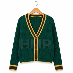Cárdigan Verde Tejido HMR con Ribete en Contraste Amarillo y Marrón, Cuello en V, Manga Larga, Ropa Casual, Estilo Sororidad - Product Image 5