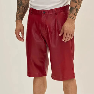 Shorts Bermuda Formels Rouges pour Hommes en Cuir Véritable à 100 % avec Fermeture Boutonnée, Taille Mi-Haute, Respirants, Logo Avant, Couleur Unie, Poches - Product Image 4