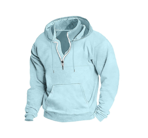Men's Quarter <b>Zip</b> <b>Hooded</b> Sweatshirt Regular Fit Solid Color Fleece Casual Style Autumn Wear - Product Image 2