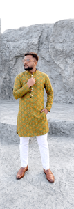 Kurta Estampada para Hombre con Pantalones Blancos, Ropa Étnica Tradicional, Atuendo Informal de Algodón, Corte Regular, Estilo India-Pakistán - Product Image 2