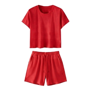 Ensemble 2 pièces tricoté pour femme, couleur unie, col rond, manches courtes, coupe ample, décontracté, printemps-été, haut et pantalon pour usage quotidien - Product Image 5
