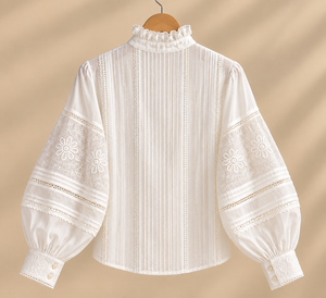 Women's <b>White</b> <b>Lace</b> Blouse With Ruffled Collar Balloon Sleeves Floral Embroidery Prairie Chic Style Loose Fit Full Sleeve - Product Image 1