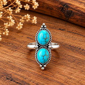Bague en turquoise de Mohave à double pierre de forme ovale, faite à la main, style bohème western, bijou de créateur unique, bague de mode avec pierres précieuses - Product Image 5