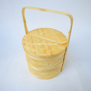 Eco-Friendly Round Woven Bamboo Double Tier <b>Storage</b> <b>Basket</b> with Handle Handmade Natural Home Decoration Food <b>Storage</b> Container - Product Image 3
