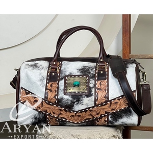New Manufacturer Genuine Cowhide Leather <b>Duffel</b> <b>Bag</b> Western Tooled Leather Turquoise Concho Weekender Shoulder <b>Bag</b> for Women's - Product Image 1