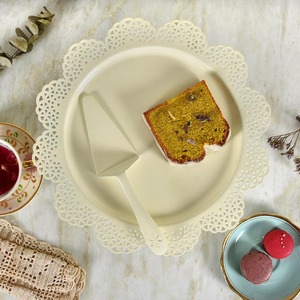 Elegant <b>White</b> Round <b>Cake</b> Display <b>Stand</b> Decorative Metal Pedestal with Floral Border for Premium Dessert Presentation and Home - Product Image 5