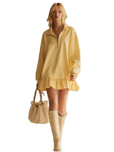 Fashionable Casual Yellow Lapel Swear-style Knee-Length Flapper Dress Front Zipper Design Long Sleeves Summer Spring Spandex - Product Image 2