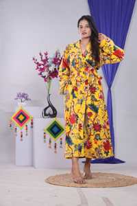 Bata Larga de Terciopelo Suave con Estampado Floral para Mujer, Manga Larga, Cuello en V, Cierre con Cordón, Estilo Casual de Primavera - Product Image 4