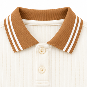 Kids Boys <b>Cream</b> Ribbed Knitted Polo Shirt Oversized Contrast Brown Stripe Collar Short Sleeve Casual Cotton Summer Fashion Top - Product Image 4