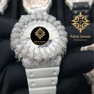 Montre en quartz Moissanite glacée, boîtier en acier inoxydable Moissanite, cadran 46 mm, affichage analogique-numérique, bracelet en silicone blanc, idéale pour les soirées et les rendez-vous - Product Image 2