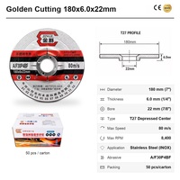 Disque de meulage OEM noir Golden Cutting 180x6x22mm T27 pour meuleuse d'angle 7 pouces, acier inoxydable INOX 80m/s EN12413 ODM 50 pièces/carton