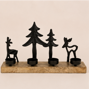 Moderno Portavelas de Reno de Metal Negro con Base de Madera Rústica, Soporte para 4 Velas de Té, Decoración para Centro de Mesa Navideño - Product Image 1