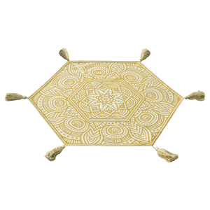 Handwoven <b>Wool</b> Low-Pile Hexagon Mandala Area Rug <b>Yellow</b> & Cream Geometric Boho with Corner Tassels - Product Image 1