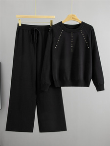 Women Rhinestone Solid Long Sleeves <b>Knit</b> Sweater and Wide Leg Pants Two Piece <b>Set</b> - Product Image 6