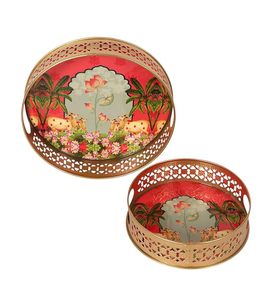 Juego de bandejas para servir con arte Pichhwai, bandeja redonda decorativa de metal para servir. - Product Image 3