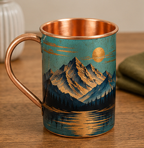 <b>Copper</b> <b>Mug</b> With Mountain Landscape Design Handle Eco-Friendly Outdoor Drinkware Retro Style Green And Gold Finish Artisanal - Product Image 5