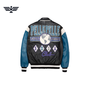   Veste universitaire pour homme en cuir véritable noir, bleu et blanc avec patch brodé, col montant, fermeture éclair, style preppy - Product Image 6