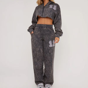 Ensemble de survêtement décontracté pour femme, effet délavé, avec sweat à capuche à manches longues et pantalon, couleur unie, deux pièces, tenue tendance pour l'automne - Product Image 2