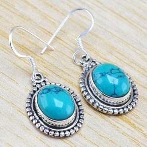 Pendientes Colgantes de Plata con Turquesa, Pendientes de Turquesa con Cabujón Ovalado, Pendientes Colgantes Boho Hechos a Mano, Joyería Tribal Vintage - Product Image 3