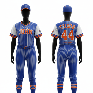 Uniforme de béisbol para mujer de malla de poliéster de alta calidad, jersey azul con rayas blancas y pantalón con paneles de mangas en contraste, logotipo sublimado. - Product Image 1