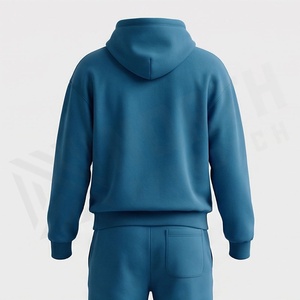Sweat-shirt unisexe bleu à capuche, manches longues, couleur unie, survêtement décontracté avec poches à cordon, poids moyen, 100% coton, vêtements d'automne - Product Image 2