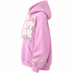 <b>Pink</b> Winter Oversized Heavyweight 100% Cotton Discharge Pullover Hoodie Pocket Embroidered Rhinestone Embellishments Unisex - Product Image 6