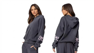 Survêtement gris foncé à capuche pour femme, manches longues, avec nœud brodé, coupe ample, décontracté, avec poches latérales, style automne - Product Image 2