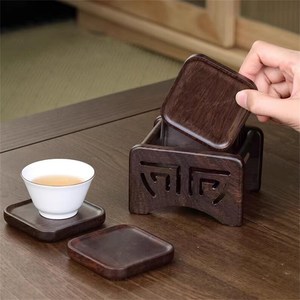 Wooden <b>Square</b> Coaster Set Traditional Chinese Style Non-Slip Drink Mat for Tea Cup Pad Table Decoration - Product Image 1