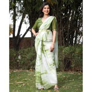 ผ้าส่าหรีผ้าฝ้ายจากผู้ส่งออกอินเดีย พร้อมลายพิมพ์มิเรอร์ไทดายสีเขียว สำหรับงานพิธีการและงานเฉลิมฉลอง - Product Image 2