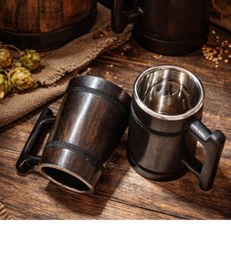 Jarras de Cerveza de Madera |   Jarra de Madera de Mango Rústica con Inserto de Acero Inoxidable - Product Image 1