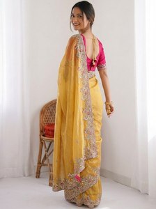 Sari Moderno de Organza LD CREATION con Bordado Floral Intenso en el Borde |   Sari de Diseño para Bodas y Fiestas Indias, Blusa sin Arrugas - Product Image 6