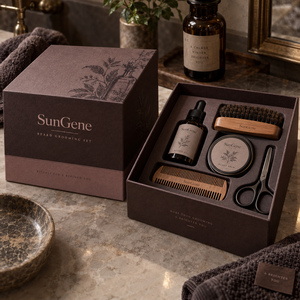 Caja rígida de cartón con tapa extraíble SunGene para set de cuidado de barba en color espresso y malva ahumado - Product Image 1