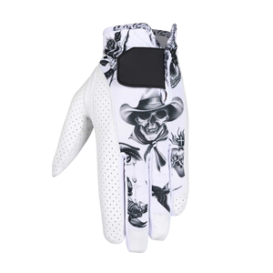 Guantes de Golf Antideslizantes con Diseño de Calavera Estilo Western, Palma de Cuero Blanco, Dorso Elástico Monocromático, Gráficos de Vaquero Rosa, Punta Táctil Deportiva - Product Image 1