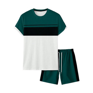 Conjunto de Camiseta Deportiva Casual para Hombre con Bloques de Color, Cuello Redondo, Secado Rápido, Transpirable, 100% Algodón Tejido, Pantalones Cortos de Verano, Conjunto de 2 Piezas - Product Image 1