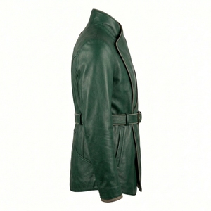 Wholesale Factory Men Emerald Green Genuine Leather Belted Wrap Jacket Darkry Custom Safari <b>Trench</b> Coat Outerwear - Product Image 3