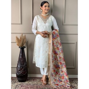 Hermoso Salwar Kameez de Algodón para Fiestas, Talla XL, Top y Pantalón con Dupatta, Elegante Ropa de Fiesta - Product Image 2
