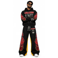 Ensemble de survêtement noir à capuche pour homme, style streetwear, imprimé flamme intégral, en polyester, sweat-shirt et pantalon, pour l'automne