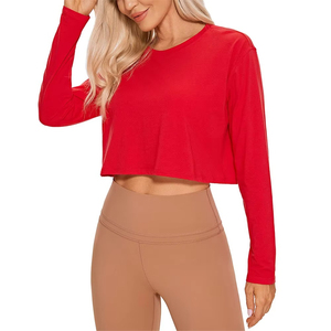 Women's Black <b>Crop</b> <b>Top</b> Long Sleeve O-Neck Solid Color Knitted Breathable Casual T-Shirt - Product Image 4
