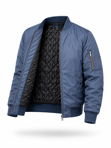 Blouson bomber bleu marine pour homme, col montant, fermeture éclair, coupe-vent décontracté en polyester, couleur unie, idéal pour l'automne - Product Image 3