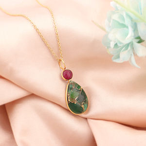 Minimalist gemstone <b>necklace</b> mohave <b>ruby</b> with emerald copper turquoise double stone pendant 18k gold plated bezel set <b>necklace</b> - Product Image 2