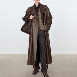 <b>Men's</b> <b>Long</b> Brown Leather Leather <b>Jacket</b> Double Breasted Turn-down Collar Epaulet Casual Hooded Polyester Lining Waterproof - Product Image 5