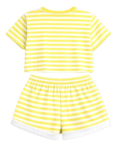 Ensemble crop top et short rayé jaune et blanc personnalisé pour femme – Tenue décontractée d'été deux pièces avec taille élastique – Vêtements de détente et streetwear OEM - Product Image 4