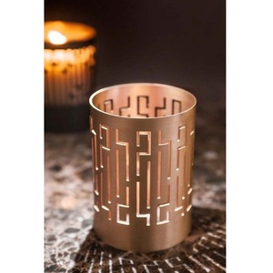Brass Cylinder Candle Holder With Geometric Cutouts <b>Heat</b> Resistant Home Decoration - Product Image 1