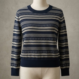 Pull en tricot texturé à rayures marine automne/hiver, style décontracté avec motif brodé, laine viscose respirante pour homme/femme - Product Image 2