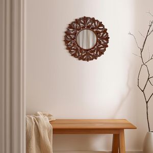 Handcrafted <b>Round</b> Wooden <b>Wall</b> <b>Mirror</b> Decorative Floral Carved Frame Rustic Home Decor Accent <b>Mirror</b> - Product Image 3
