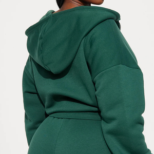 Ensemble sweat-shirt à capuche et short en polaire pour femme, 2 pièces, vert uni, vêtements de sport décontractés, fermeture éclair sur le devant, coupe régulière, longueur au-dessus du genou - Product Image 5