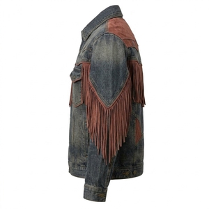 Custom Vintage Blue Denim <b>Jacket</b> Brown Suede <b>Fringe</b> Western Contrast Yoke OEM ODM Manufacturer Retro Distressed Coat - Product Image 4