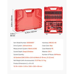 Set di 96 Chiavi a Bussola da 3/8 Pollici, 6 Punte, Profonde e Poco Profonde, SAE e Metriche (da 8 a 22), per Riparazioni - Product Image 3