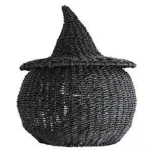 Cesta de calabaza de Halloween de junco marino tejida a mano con tapa, recipiente para dulces y portavelas, para adorno de fiesta de truco o trato - Product Image 3