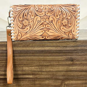 Portefeuille en cuir de vachette fait main, nouvelle collection, motif floral, avec dragonne, protection RFID, idéal pour un usage quotidien – Vente Flash - Product Image 5